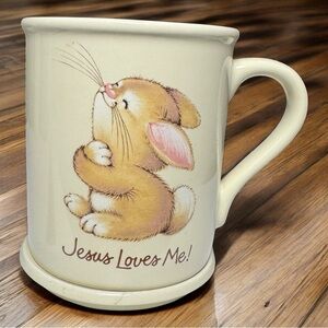Vintage 1985 Hallmark "Jesus Loves Us All" Bunny Rabbit Mug Mates w/ Coaster Lid